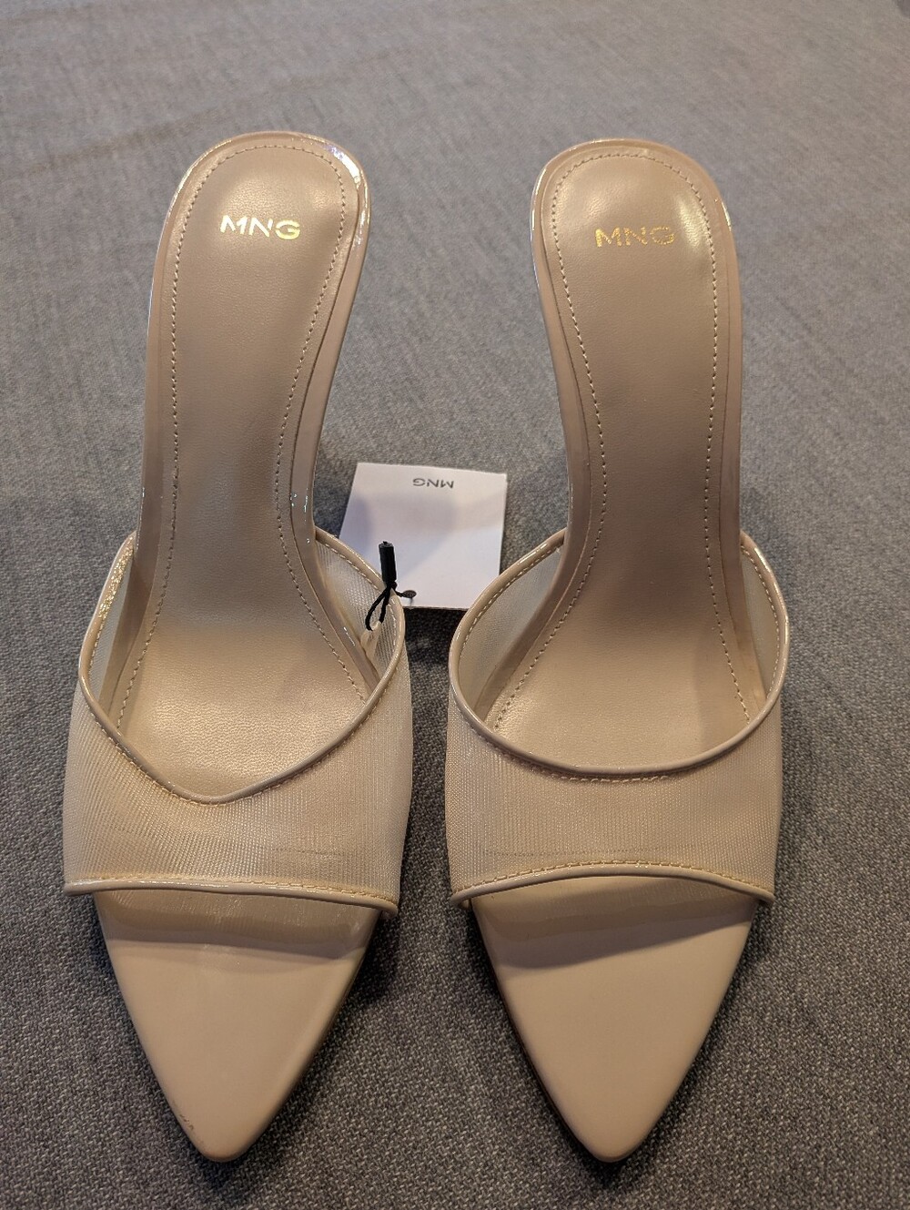 NEW MANGO MNG Ecru POINTED OPEN TOE MULES STILETTO HEEL SANDALS SHOES 38 US 7.5